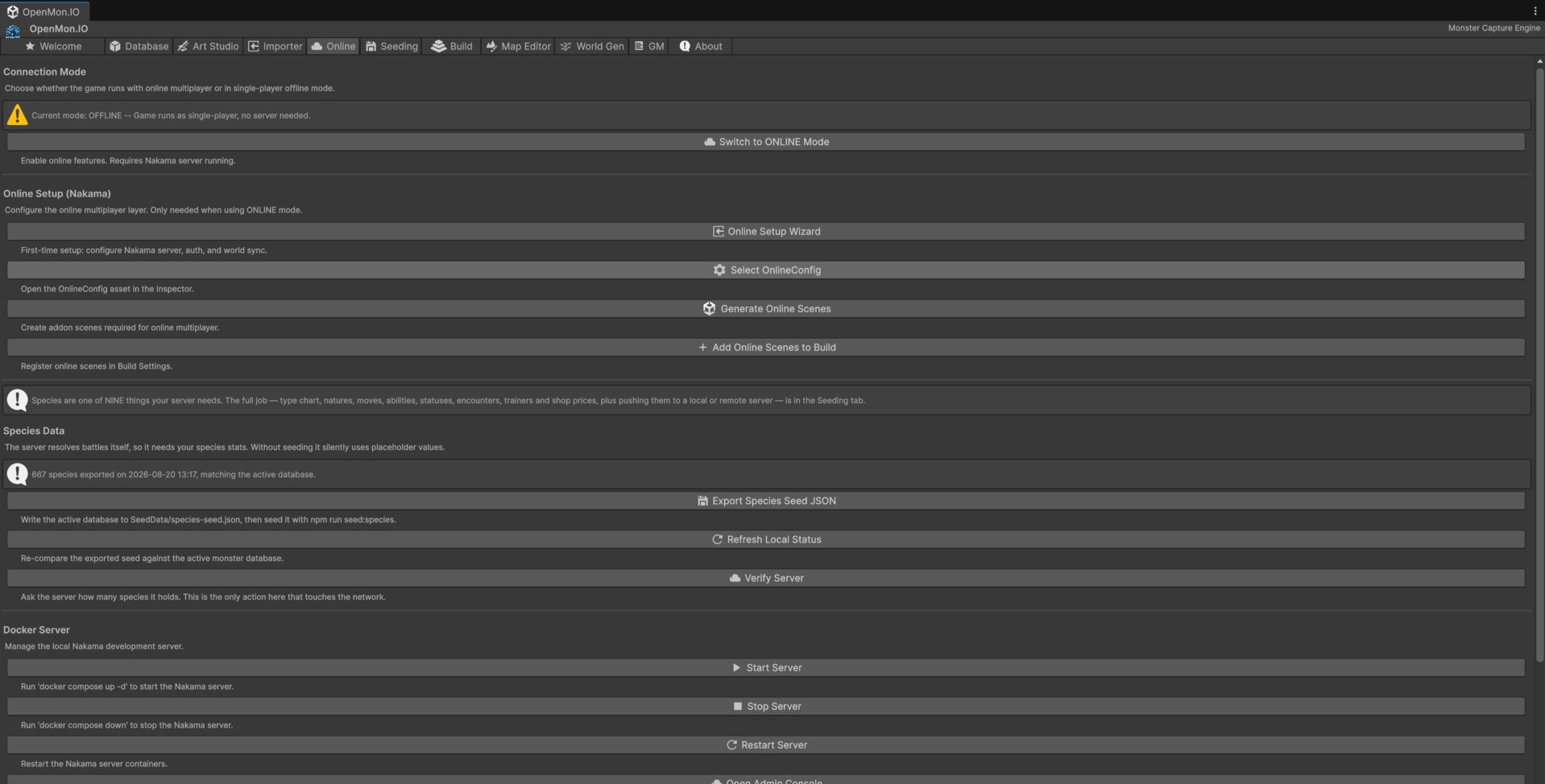 Pestaña Online del OpenMon Hub: modo de conexión, asistente de configuración de Nakama, estado de la siembra de especies y controles del servidor Docker