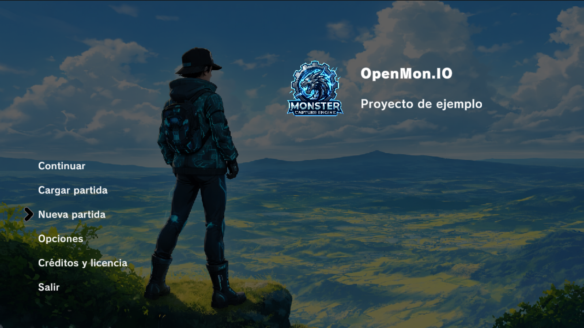 続ける、ロード、はじめから、設定、クレジット、終了が並ぶ OpenMon のメインメニュー